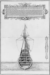 Popa interior de un barco completamente armado y equipado, ilustración del 
